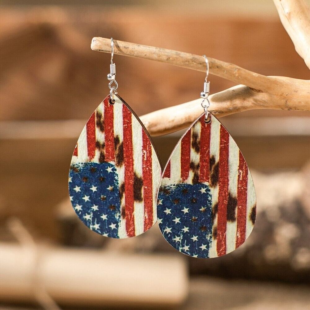 Bohemian National Flag Wood Drop Hook Earrings 4th Stars Stripes States